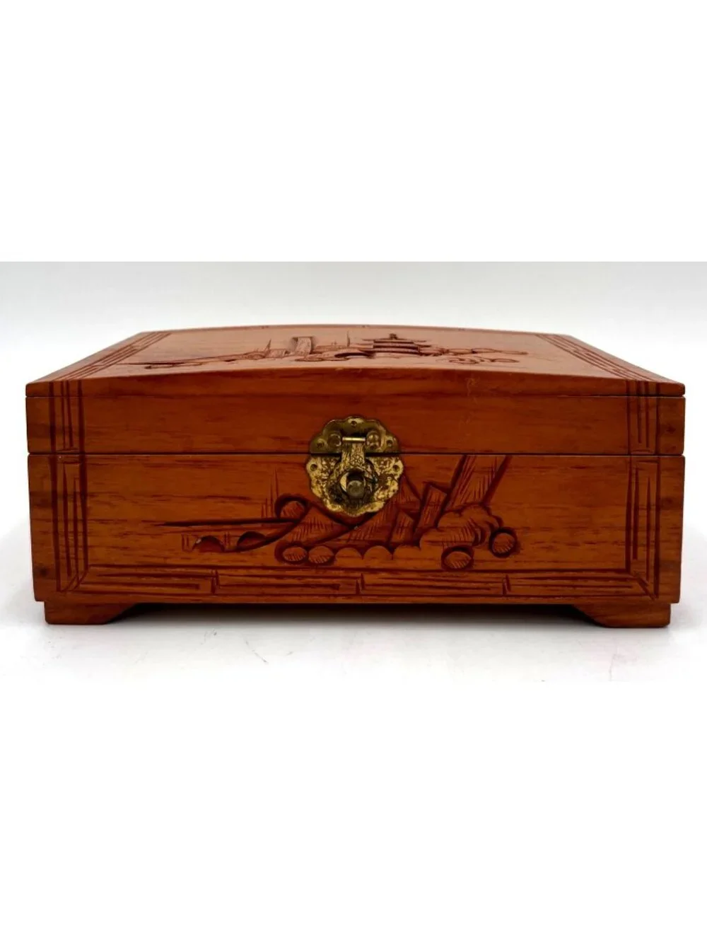 Vintage Wooden Pagoda Jewelry Box Mirrored Carved Design Red Velvet Interior